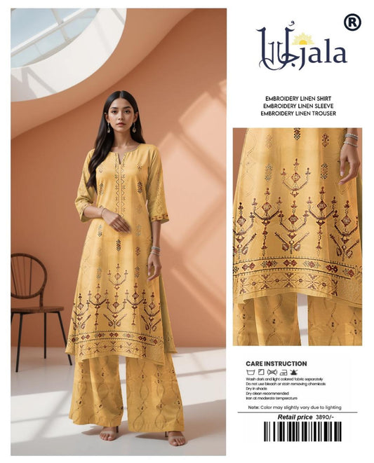 Ujala Embroidered Linen – Mustard Yellow Ethnic Suit