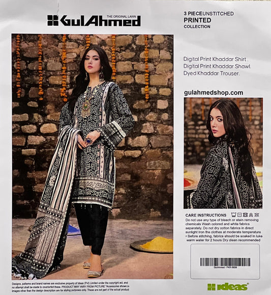 Gul Ahmed Printed Khaddar – Black & White Ethnic Winter Suit