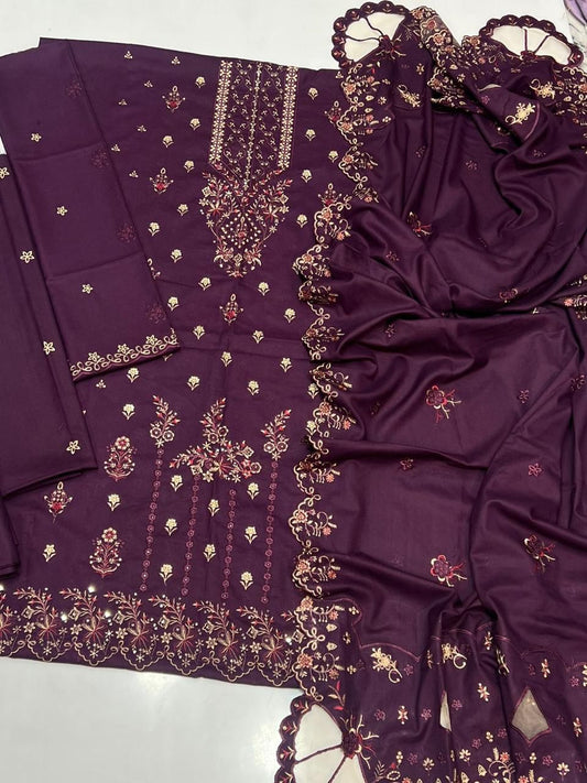 Bareeze Luxury Dhanak 3-Piece — Plum Embroidered Winter Suit