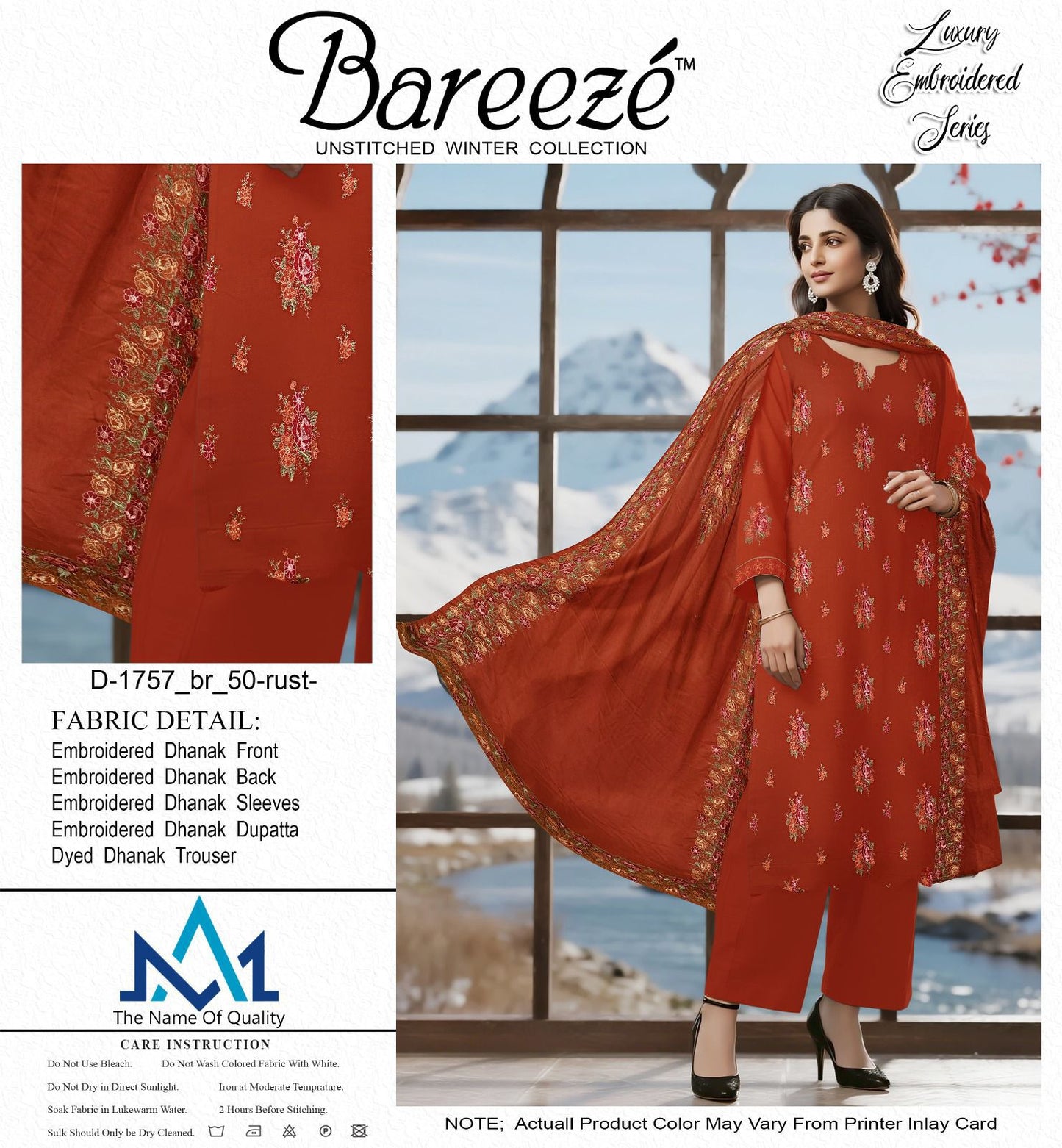 Bareeze Luxury Dhanak 3-Piece — Auburn Embroidered Winter Suit