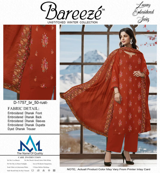Bareeze Luxury Dhanak 3-Piece — Auburn Embroidered Winter Suit