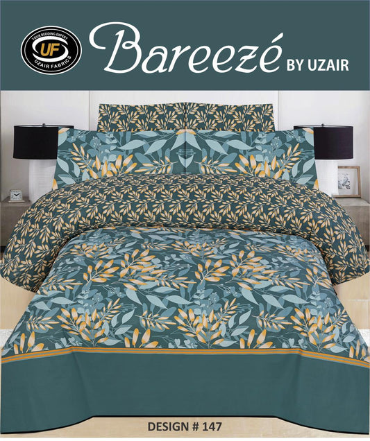 Bareezé Premium Cotton Bedsheet – Elegant Blue Green Botanical Pattern – Design 147