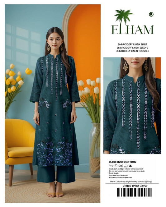 ELHAM Embroidered Linen – Midnight Teal Blue Floral Suit