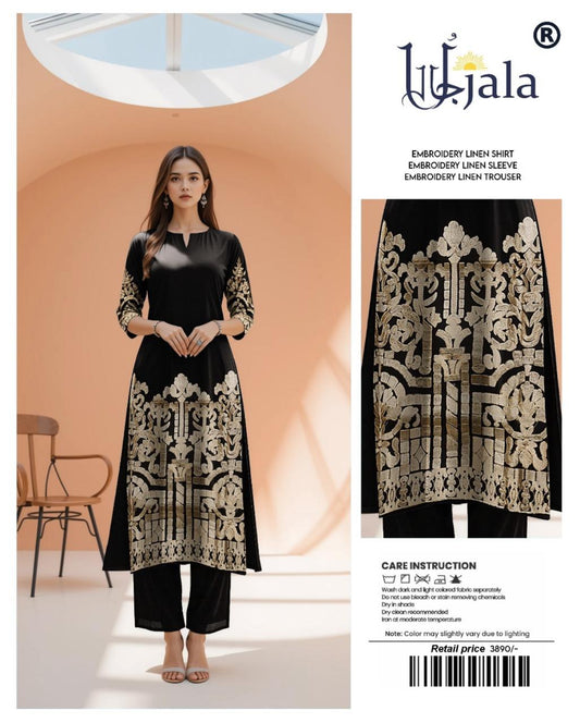 Ujala Embroidered Linen – Black & Gold Luxe Suit