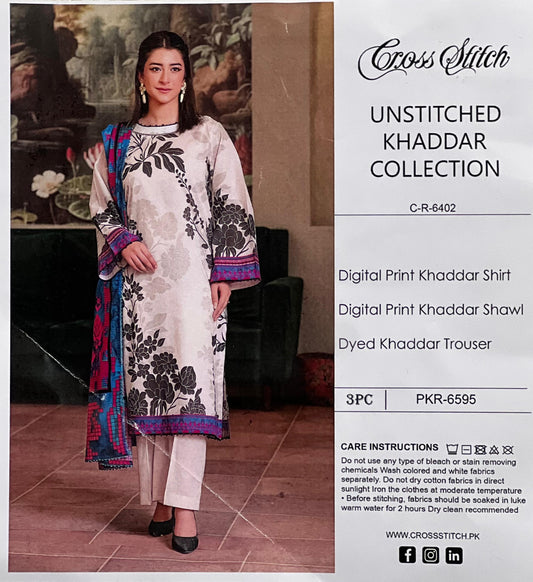 Cross Stitch Khaddar – White & Charcoal Floral Printed 3PC ( CR-6402 )