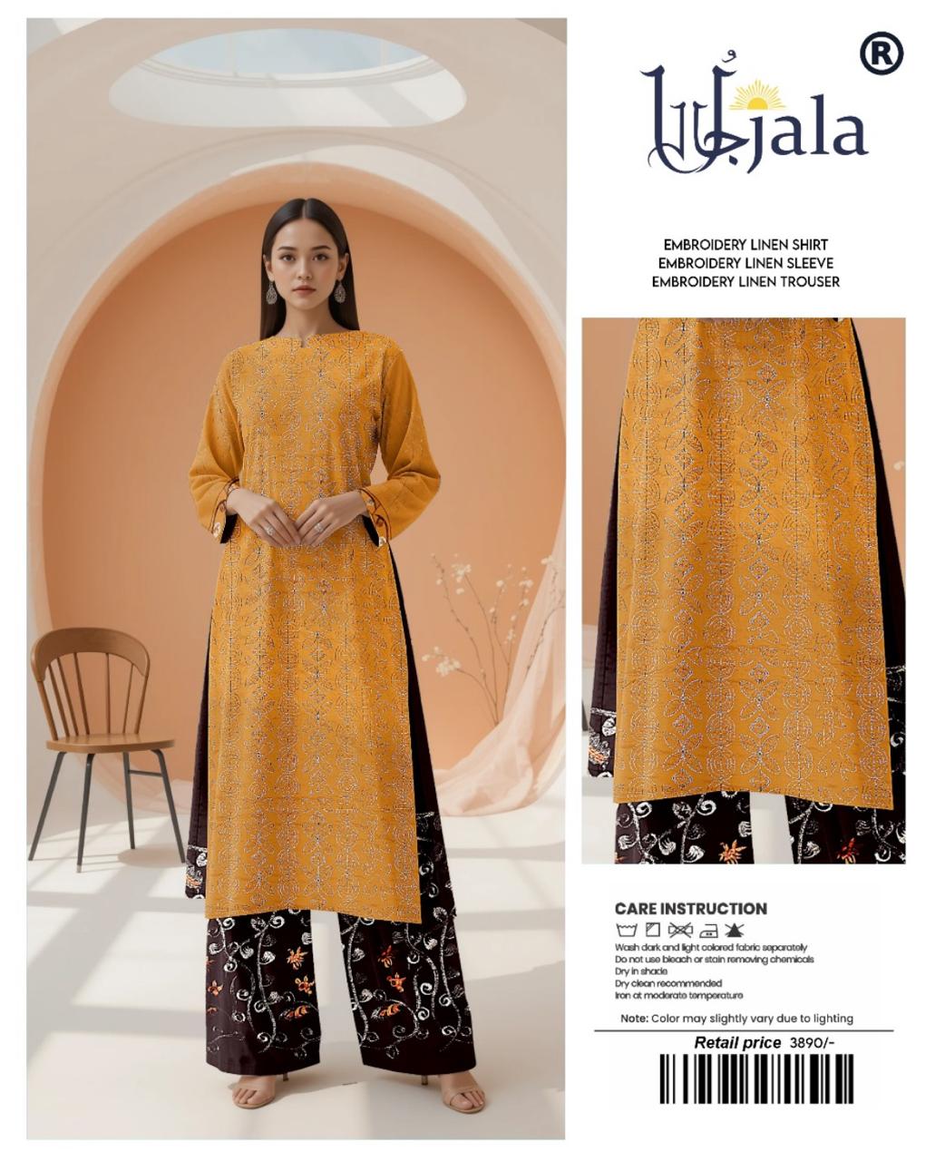 Ujala Embroidered Linen – Mustard Yellow Delicate Thread Suit