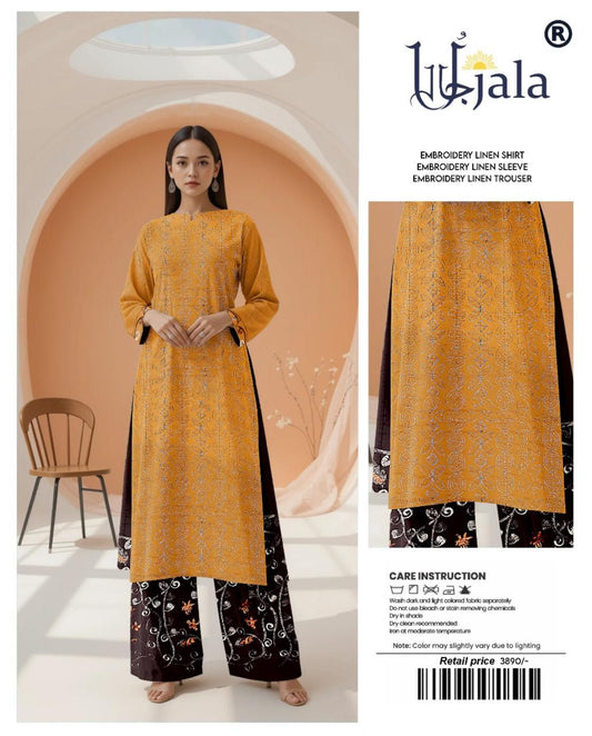 Ujala Embroidered Linen – Mustard Yellow Delicate Thread Suit