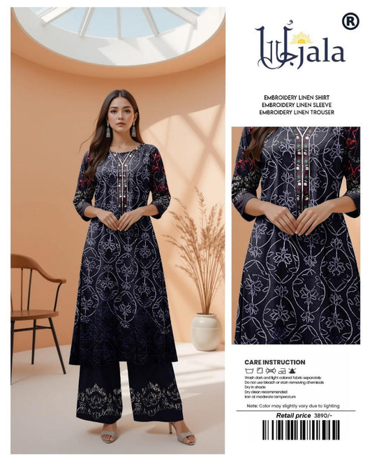 Ujala Embroidered Linen – Navy Contrast Floral Suit