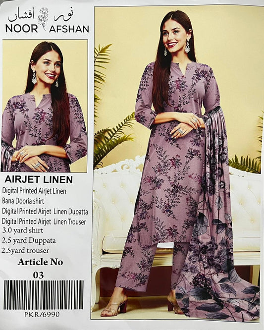 Noor Afshan – Lavender Blossom Airjet Linen 3-Piece Unstitched Suit