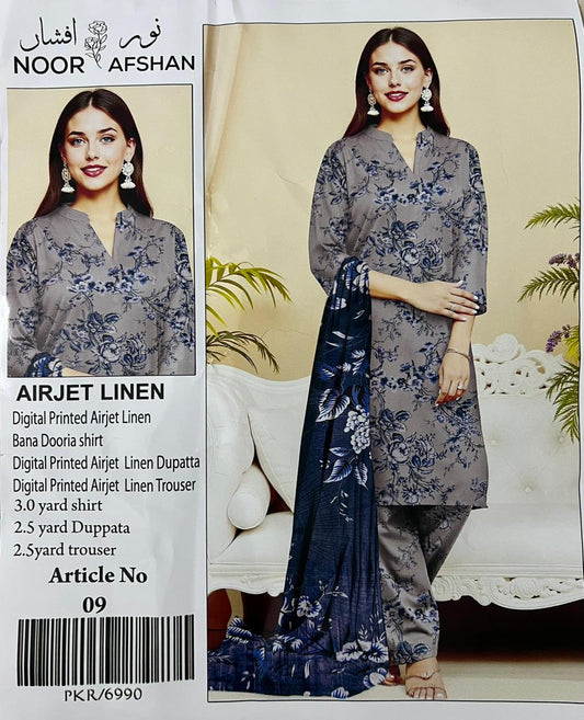 Noor Afshan – Smoky Grey Bloom Airjet Linen 3-Piece Unstitched Suit