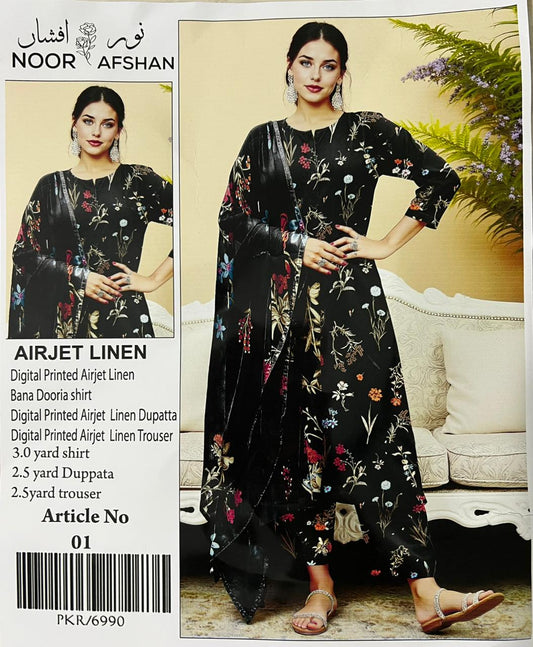 Noor Afshan – Black Floral Airjet Linen 3-Piece Unstitched Suit