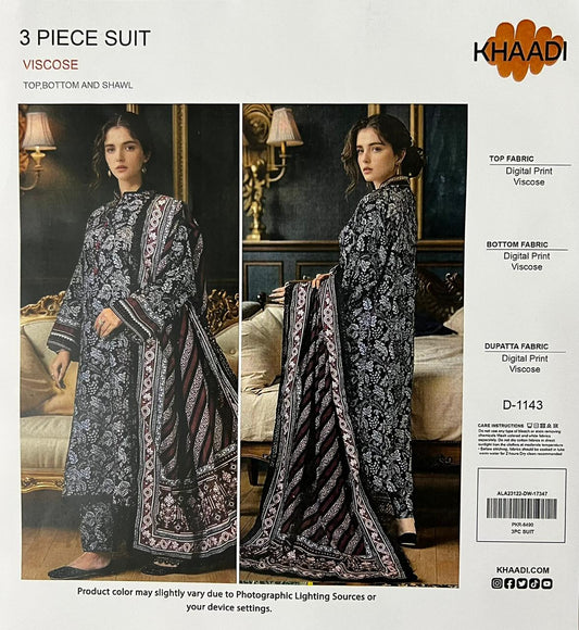 Khaadi Jet Black Printed Viscose 3-Piece Suit