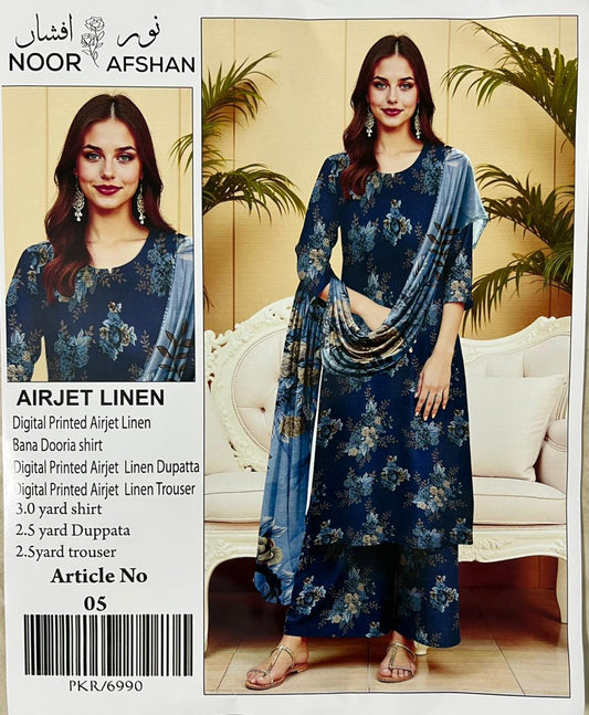 Noor Afshan – Navy Blue Airjet Linen 3-Piece Suit