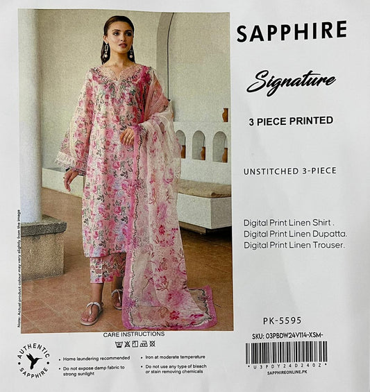 Sapphire Signature – Pink Garden Digital Linen 3-Piece Unstitched Suit