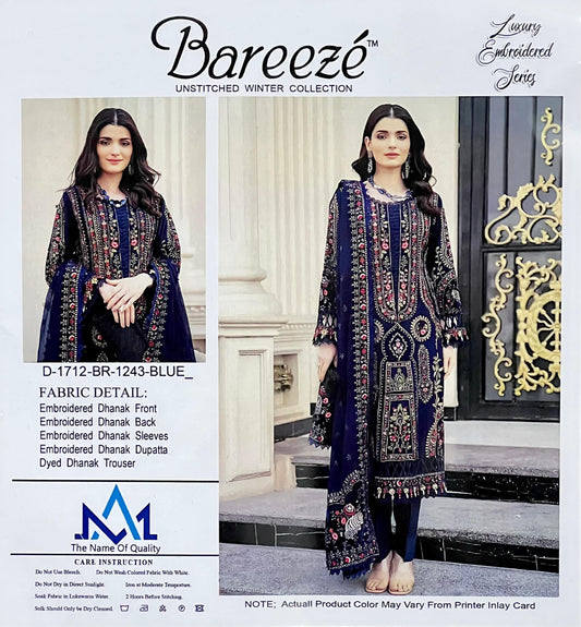 Bareeze – Luxury Embroidered Dhanak 3-PC ( D-1712 – Blue )