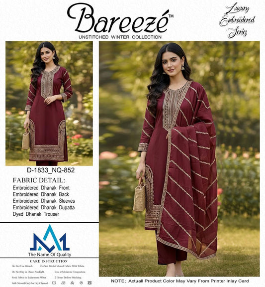 Bareeze – Maroon Embroidered Dhanak 3-Piece Suit (D-1833_NQ-852)