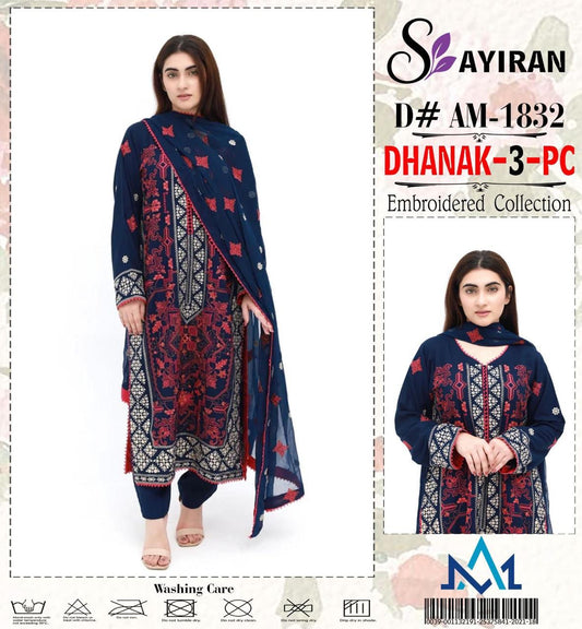 Sayiran – Navy Blue Embroidered Dhanak 3-Piece Suit (AM-1832)