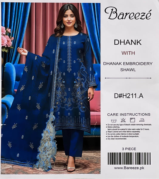 Bareeze – Dhank 3-PC With Dhanak Embroidered Shawl (D#H211)