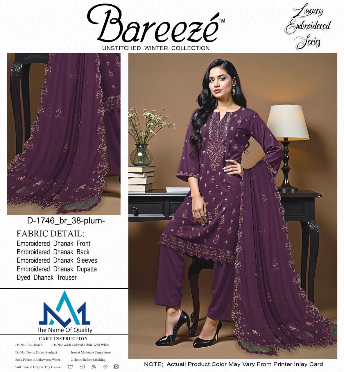 Bareeze Luxury Dhanak 3-Piece — Plum Embroidered Winter Suit