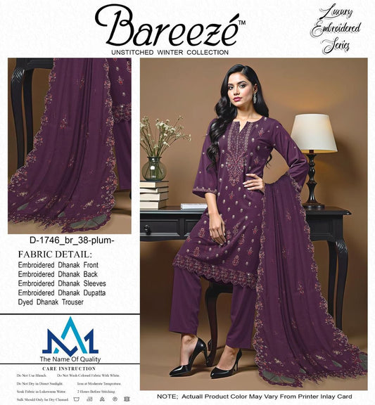 Bareeze Luxury Dhanak 3-Piece — Plum Embroidered Winter Suit