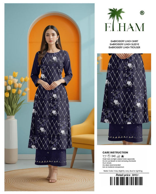 ELHAM Embroidered Linen – Navy Blue Floral Long Shirt With Trouser