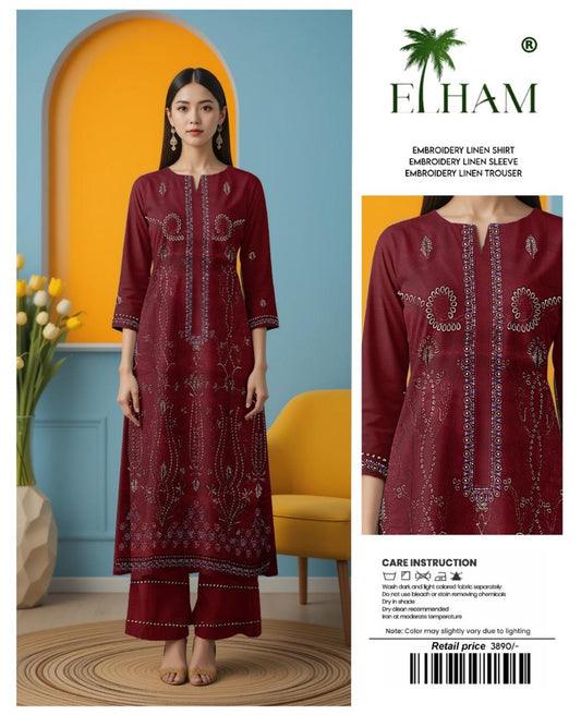 ELHAM Embroidered Linen – Deep Maroon Festive Pattern Suit