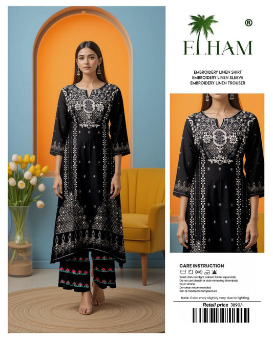 ELHAM Embroidered Linen – Classic Black White Ethnic Suit