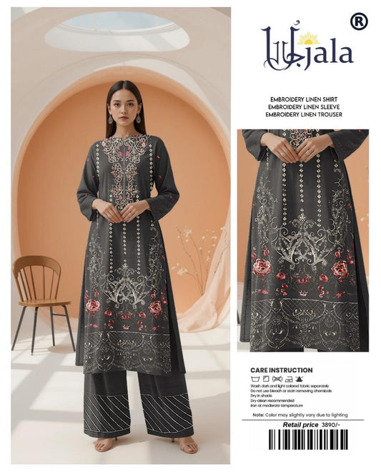 Ujala Embroidered Linen – Charcoal Grey Rose Motif Suit